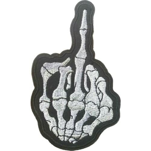 Hot! Skeleton Middle Finger, Flip Off Skull Hand Iron-On Sew-On Patch, Punk Biker (Size is about 4.8 * 8.2 cm)