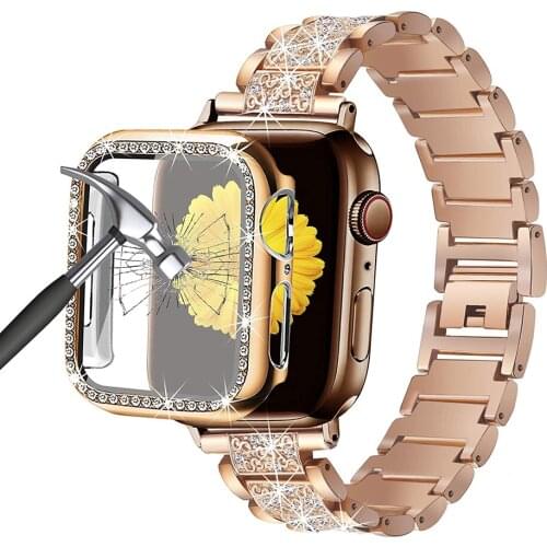 Jewelry Metal Band for Apple Watch Band 40mm 44mm Screen Protector Case iWatch SE Series 6 5 4 Bling Full Cover for Applewatch
