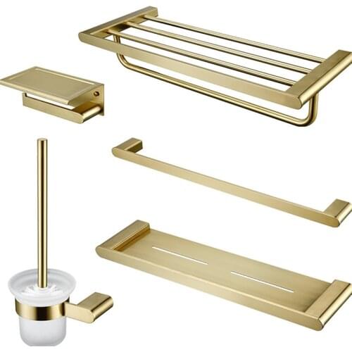 MTTUZK Brushed Gold Bathroom Hardware Set 304 Stainless Steel Towel Shelf Paper Holder Towel Bar Brush Gold Bathroom Accessories