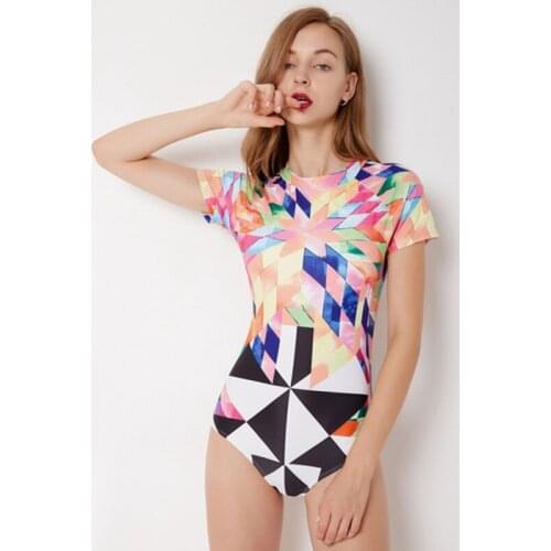 Womens new Zip Front Printed Surfing Swimwear Women Half Sleeve/Short Sleeve UV Protection One Piece bra pad Swimsuit