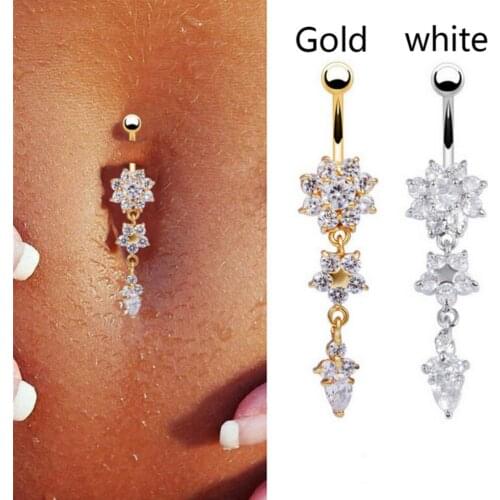 Sexy Belly Bars Belly Button Rings Belly Piercing CZ Crystal Flower Rhinestone Body Jewelry Navel Piercing Rings Drop Shipping