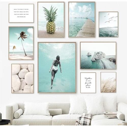 Nordic Beach Blue Sea Coconut Tree Women Poster Pineapple Stone Weeds Art Print Quotes Canvas Painting Modern Living Room Decor