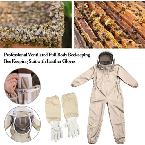 Professional Ventilated Full Body Beekeeping Bee Keeping Suit with Leather Gloves Coffee Color
