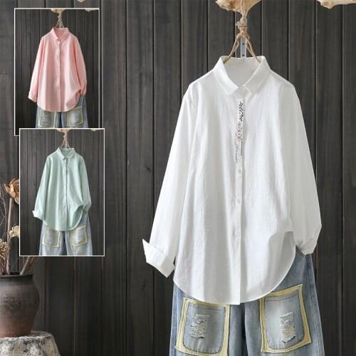 Oversized 4XL Embroidery Cotton Linen Women Shirts Summer Vintage Loose 2021 Casual Female Outwear Coats Tops