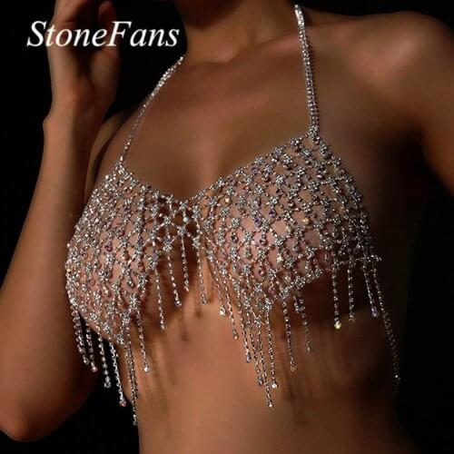 Stonefans Sexy Full Rhinestone Bralette Top Jewelry for Women Bling Ab Crystal Necklace Body Chain Bra Christmas Jewellery Gift