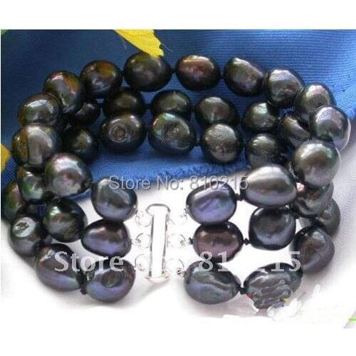 Pearl Jewelry 3Row AA 9-13MM Black Baroque Freshwater Cultured Pearl Bracelet 8inch Fashion Jewelry Hot Sale New Free Shipping
