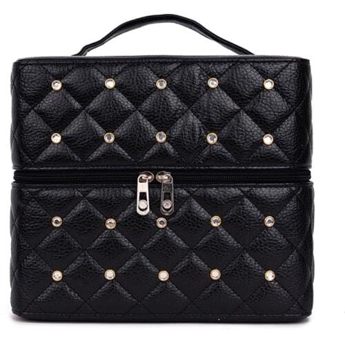 Cosmetic Bag Women PU Leather Rhinestone Makeup Bags Travel Organizer Fashion Style Capacity 3Layers Cosmetic Trunk Box Portable