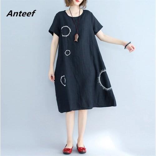 Short sleeve cotton linen vintage embroidery dot dresses for women casual loose midi summer dress elegant clothes 2021