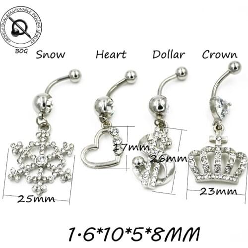 1Pcs Charming Belly Button Rings Surgical Steel Navel Piercing Snow Heart Crown Dollar Dangling Hand Belly Body Jewelry 14g