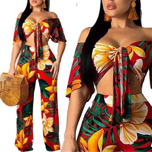 2019 Women V Neck Clubwear Short Sleeve Crop Tops Pants 2PCS Set Bodycon Dress Bow Party Cocktail Leaf Print