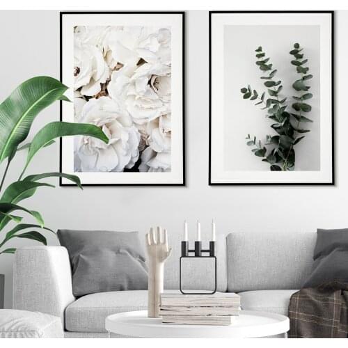 White Roses Poster Nordic Canvas Painting Eucalyptus Wall Art Pictures For Living Room Modern Decorative On The Wall