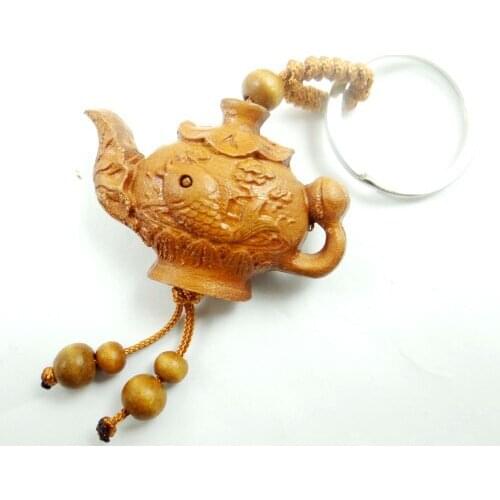 High quality Carved Kettle keychain Carving Wooden Pendant Key Ring Chain Wood Carving Ornaments Jewelry Making Accessories