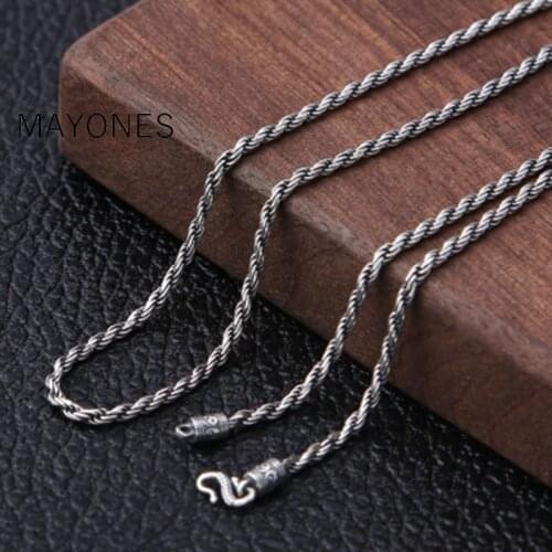 1.8mm Retro Twist Rope Chain Necklace for Men Women 925 Sterling Silver Necklace Mens Black Thai Silver Jewelry