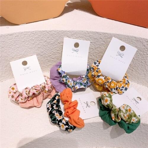 2 Pcs Korean Childrens Fresh Simple Flower Fabric Large Intestine Circle Hair Rope Sweet Girl Fashion Ponytail Hair Accessories