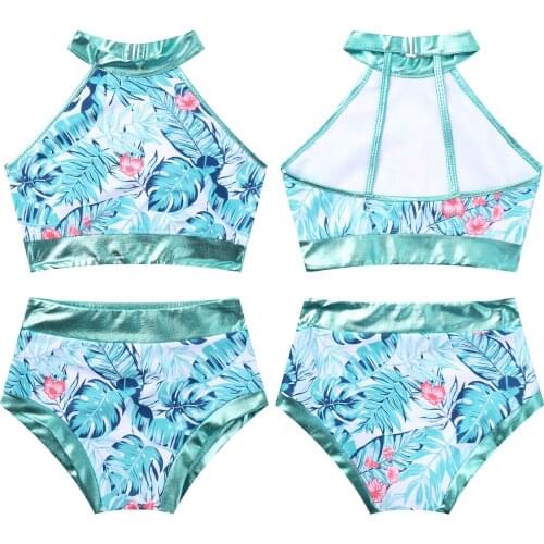 Kids Girls Tankini Swimming Set Palm Leaves Print Swimsuit Swimwear Bathing Suit Set Bikini Top with Bottoms Set Summer Beach