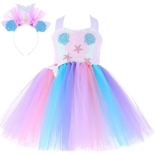 Princess Girls Mermaid Tutu Dresses for Kid Sequins Sling Fishtail Shell Decor Children Sea Theme Party Mesh Knee Length Dress