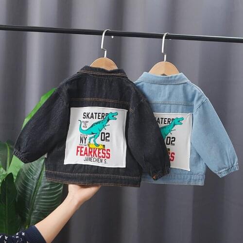 New Kids Baby Boys Denim Jacket 2021 Autumn Spring Toddler Girls Letter Dinosaur Sticking Cloth Outerwear 0-5years Clothing Coat