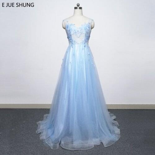 E JUE SHUNG Light Blue Tulle Lace Appliques Evening Dresses Flowers Beading Sheer 2018 Formal Dresses Prom Gowns