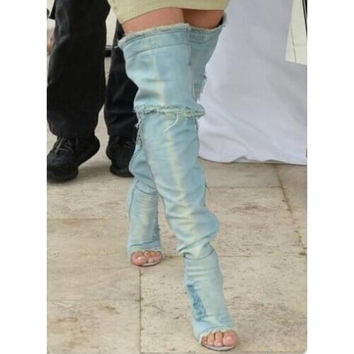 Hot selling light blue cut-outs thigh high boots open toe high heel sandal boots runway over the knee boots gladiator boots