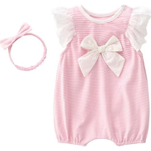 2pcs short sleeves Baby Girl bodysuits Lace Bow Cuts baby girls clothes Jumpsuit infant products pink