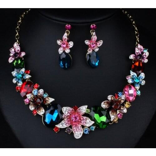 Zlxgirl jewelry Colorful Enamel Flower wedding necklace earrings jewelry sets metal rhinestone crystal alloy bridal necklace set