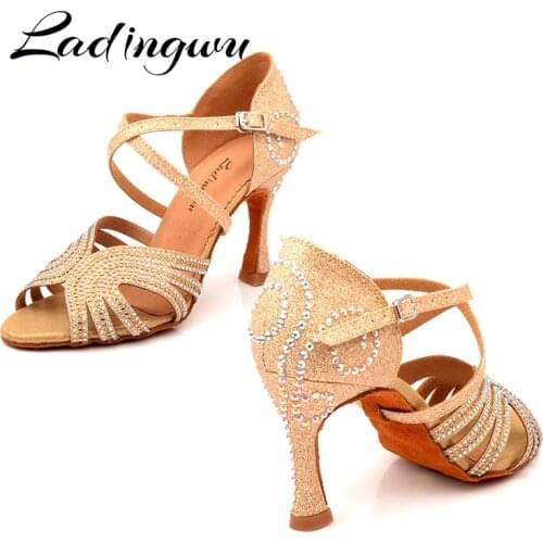 Ladingwu Glitter Latin Dance Shoes Women Salsa Shining Rhinestone Ballroom Dancing Ladies Tango Dance Sandals Glod Dance Shoes