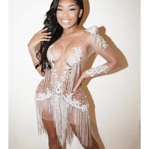 Summer Mesh Sexy Pearls Crystals Chains Dress See Through Birthday Party Celebrate Tassels Costume Nightclub Fringes outfit