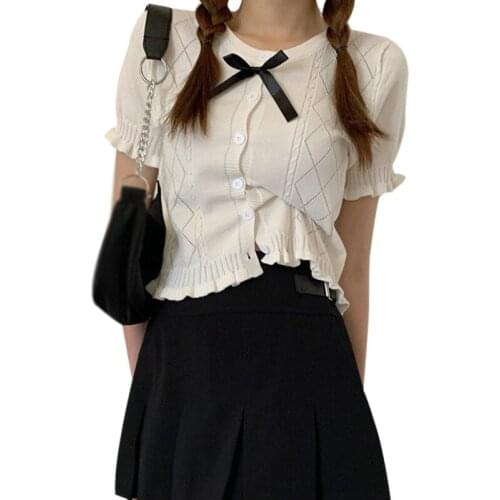 Summer Korean Style Fashion Comfortable Sweet Hollow Short Style Short-Sleeved Knitted Top