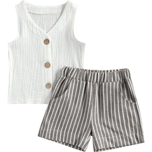 Baby Summer Clothing Children Boy Girl Solid Sleeveless Button Top Vertical Stripe Solid Color Short Pants 2Pcs Suits 6M-4T