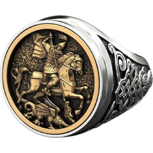 Men Ring Carving Metal Finger Jewelry Medieval Style Ring of Brave & Victory A Soldier Riding on Horse Killing A Dragon TT@88