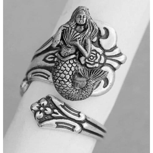 New Unique Vintage Mermaid Ring High Quality Design Antique Silver Color Women Adjustable Rings