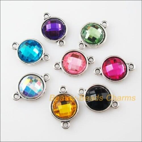 New 24Pcs Mixed Tibetan Silver Acrylic Round Charms Pendants Connectors 12x18mm