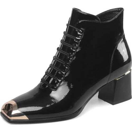 Autumn Winter Quality Cow Patent Leather Women Ankle Boots Night Club Shoes Woman Zipper Cross Tied Punk Short Boots