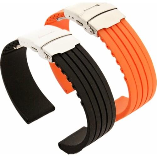 Rubber Watch Band Strap Straight End Bracelet Silicone Stainless Steel Double Click Folding Clasp 18 20 22 24mm +Tool Watchband