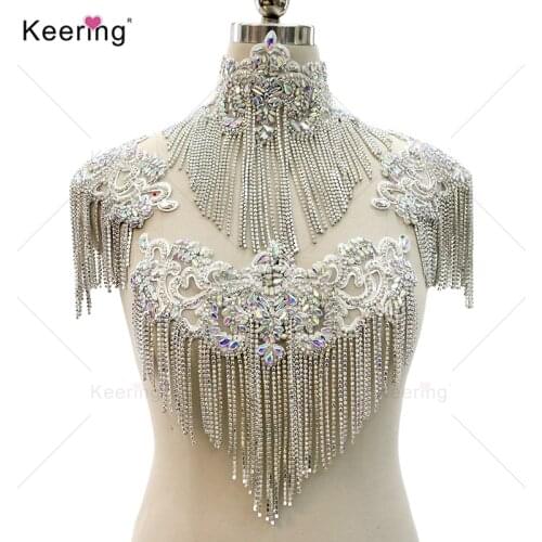 Luxury shinestone waterfall dangling shoulder patch for wedding dress WDP-289