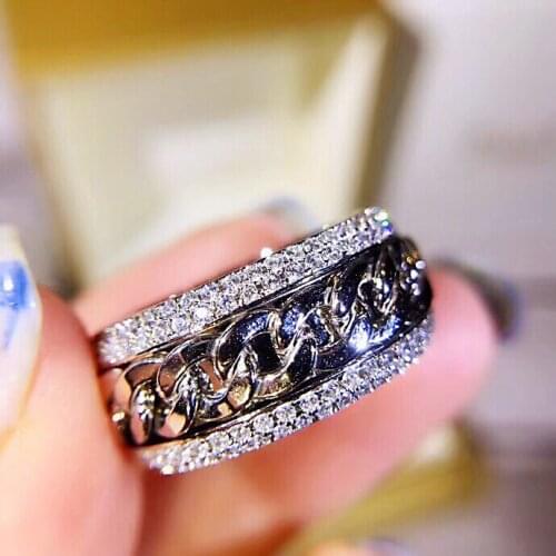 Luxurious pure 925 Sterling Silver creative Spiral chain ring CZ zircon Double drill ring for women wedding party bague jewelry