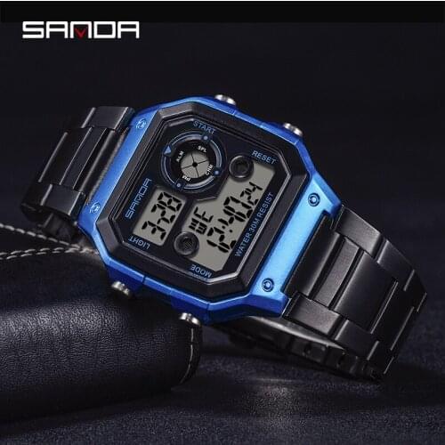 SANDA New Square Trend Electronic Watch Life Waterproof Multi-function Digital Men Watch Student Steel Band Electronic Watch 408