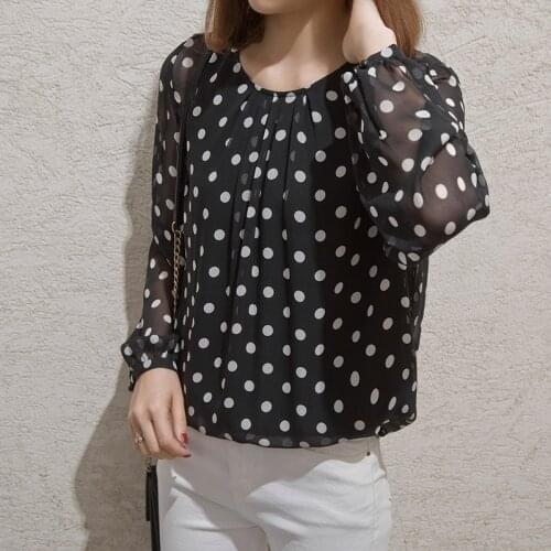 Silk shirt womens mulberry silk fashion western style long-sleeved loose blouse with polka dots Quality Tops Blouse t-shirt