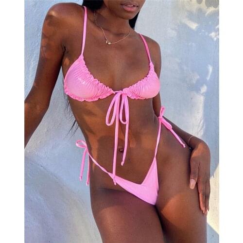 2021 Spring New Sexy Beach Bikini Solid Lace Up Pleated Open Back Split Swimsuit