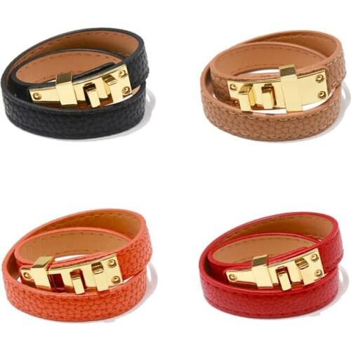 High Quality Stainless Steel Square Buckle Design Double Circle Style PU Leather Bracelet&Bangle For Men Women Brand Jewelry