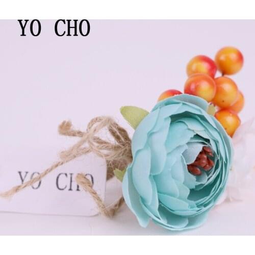 YO CHO Noble DIY Blue Tea Rose Wrist Corsages With Cherry Wristband For Wedding Prom Dance Homecoming Artificial Corsages Flower