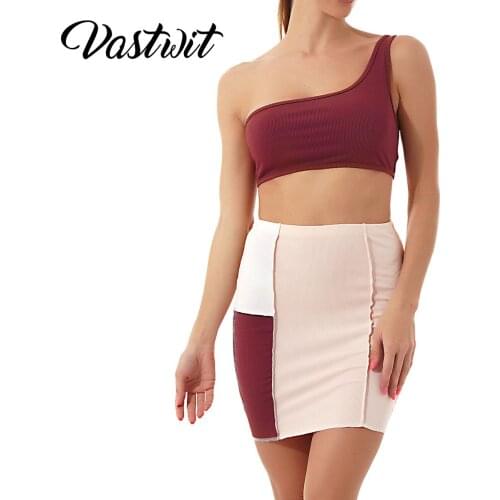 Ribbed Patchwork Two Piece Sets One Shoulder Tank Top And Skirts Women Skinny Vintage Outfits Club Streetwear