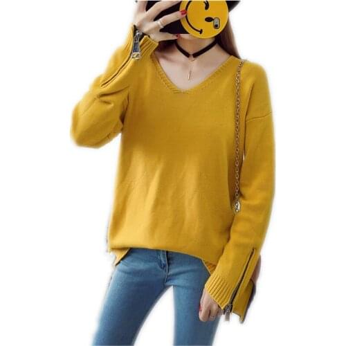 2018New Autumn Winter Women Short Knitted Sweater Pullovers Female Long Sleeve Zippers Knitted V-Neck Slim Sweater Loose TopQ633