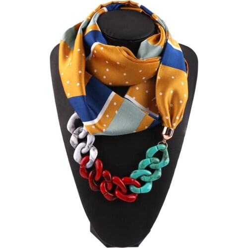 Women Silk Feeling Satin Printed Scarf summer Acrylic Chain Necklace Pendant Scarf Ladies Trendy Clothing Accessories