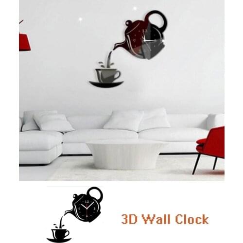1 Set Creative Diy Acrylic Coffee Cup Teapot 3D Wall Clock Kitchen Wall Clocks