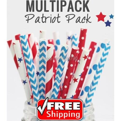 250pcs Mixed 5 Designs Patriotic Paper Drinking Straws July 7th, Blue and Red Striped, Chevron, Polka Dot, Star, Swiss Dot