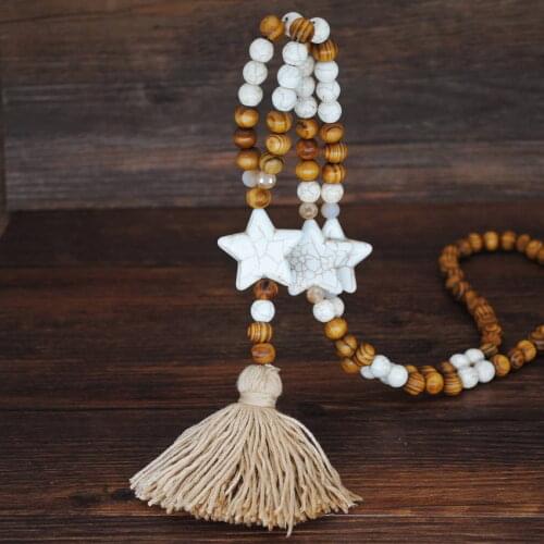 Bohemian Style Mixed Wood Beads Howlite Stone Star Pendant Necklace with Cotton Tassel Women Party Sandbeach Jewelry Handmade