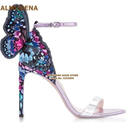 ALMUDENA Mixed Color Embroidery 3D Butterfly Sandals Stiletto Heels Wing Color Patchwork Dress Shoes Luxury Wedding Shoes Pumps