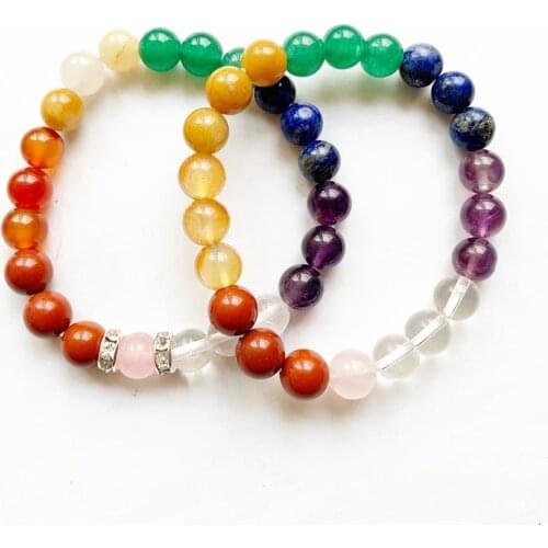 7 Chakra Beads Bracelet Natural Stone Bracelet Pink Quartz 8MM Bead Strand Bracelet Elastic 1pc
