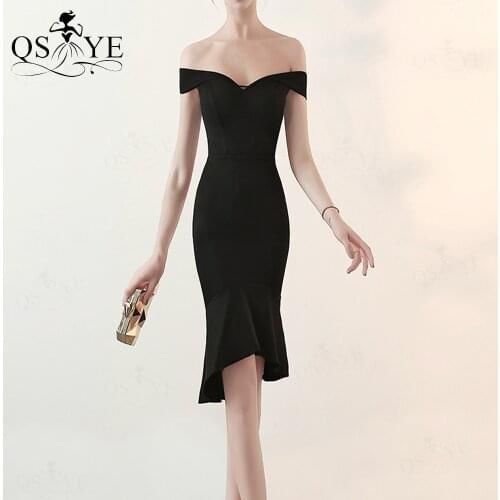Black Short Evening Dress Off Shoulder Stretch Prom Gown Side Sleeves Mermaid Formal Dress Fit Women Slim Dress Short Vestido